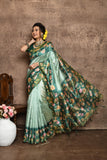 Vsaree Teal Tussar Silk Saree  Beautiful Print And Contrat Pallu And Border With Contrast Blouse