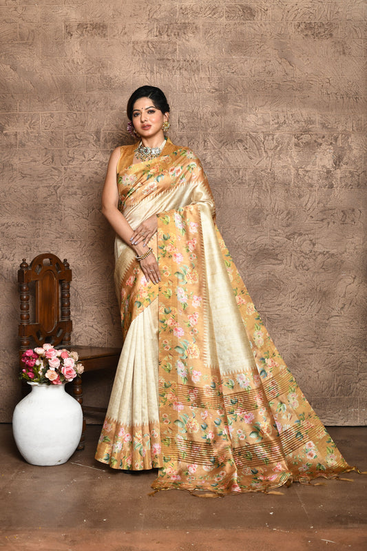 Vsaree Yellow Tussar Silk Saree  Beautiful Print And Contrat Pallu And Border With Contrast Blouse