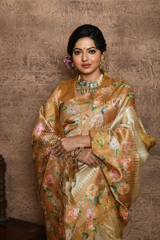 Vsaree Yellow Tussar Silk Saree  Beautiful Print And Contrat Pallu And Border With Contrast Blouse