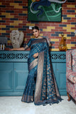 Vsaree Blue Raw Silk Saree With All Over Zari Weaving Pattern And Zari Border And Blouse