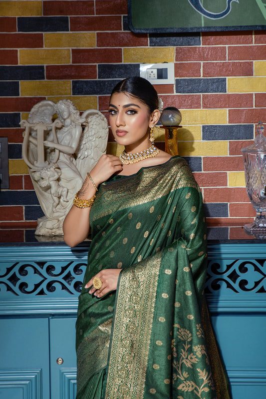 Vsaree Green Raw Silk Saree With All Over Zari Weaving Pattern And Zari Border And Blouse