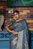 Vsaree Grey Raw Silk Saree With All Over Zari Weaving Pattern And Zari Border And Blouse