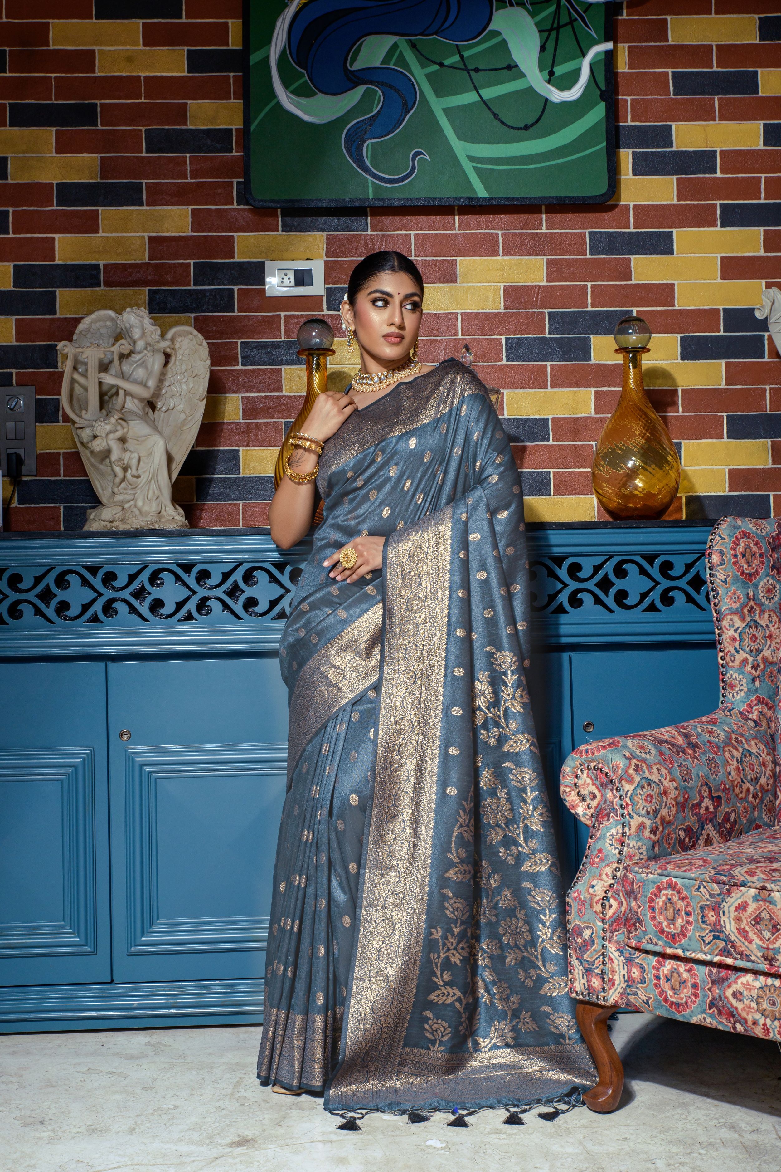 Vsaree Grey Raw Silk Saree With All Over Zari Weaving Pattern And Zari Border And Blouse