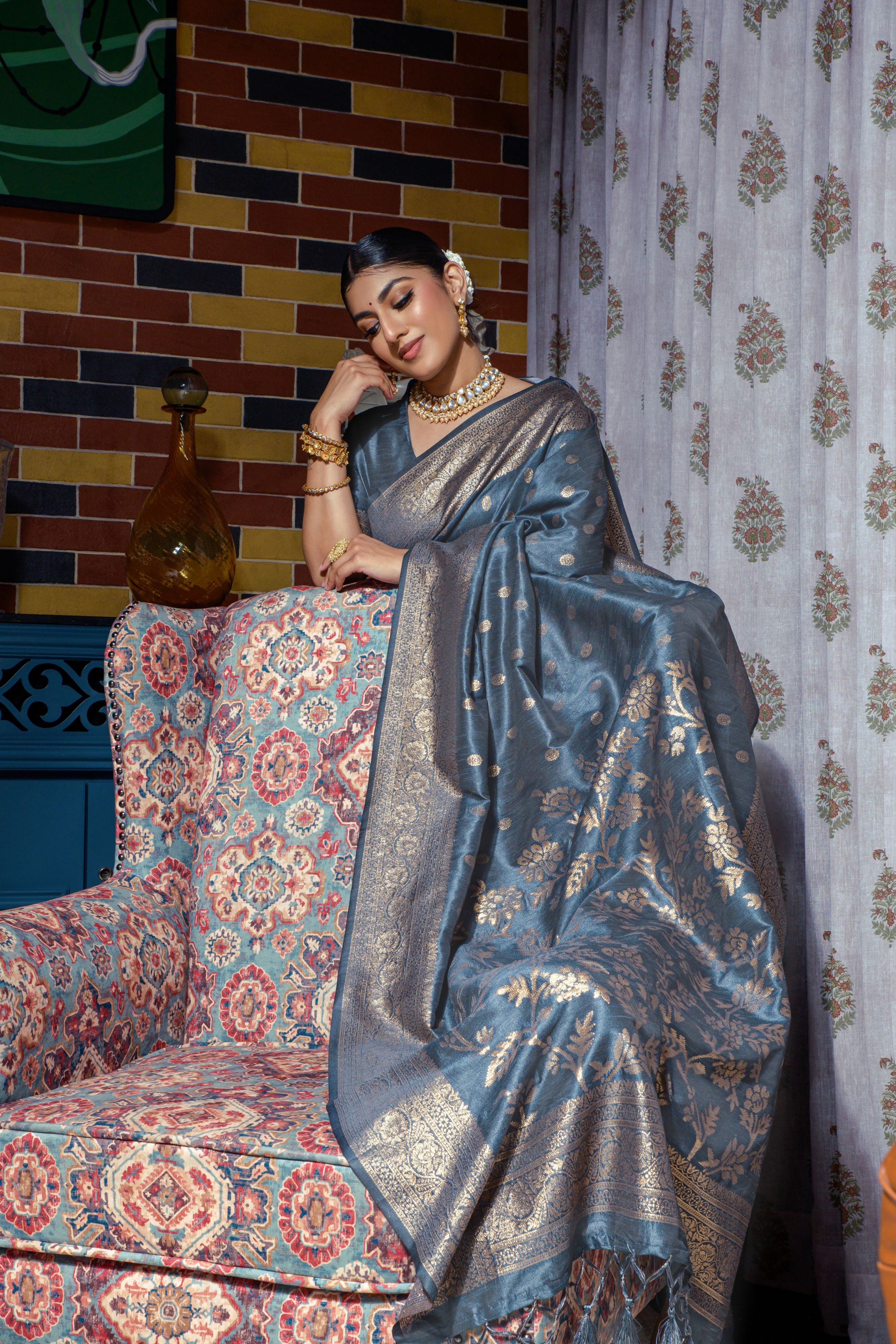 Vsaree Grey Raw Silk Saree With All Over Zari Weaving Pattern And Zari Border And Blouse