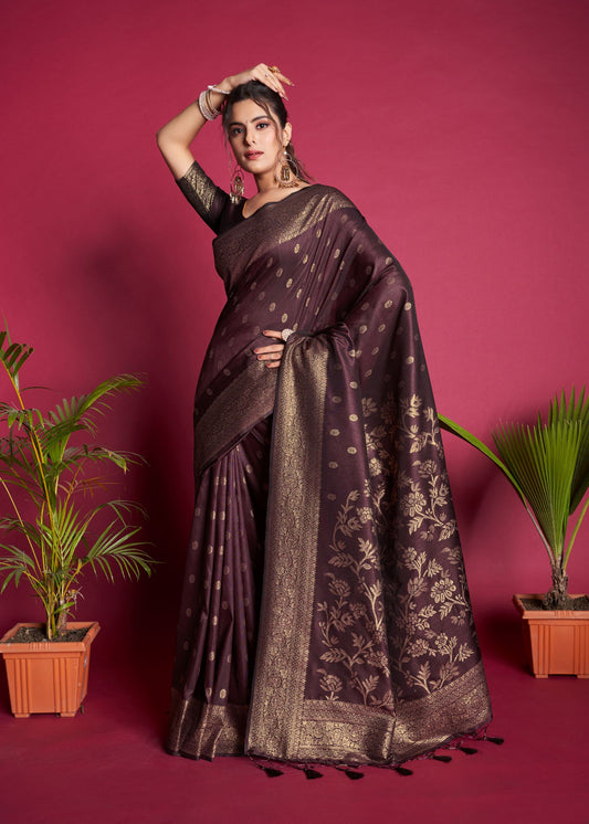 Vsaree Wine Raw Silk Saree With All Over Zari Weaving Pattern And Zari Border And Blouse