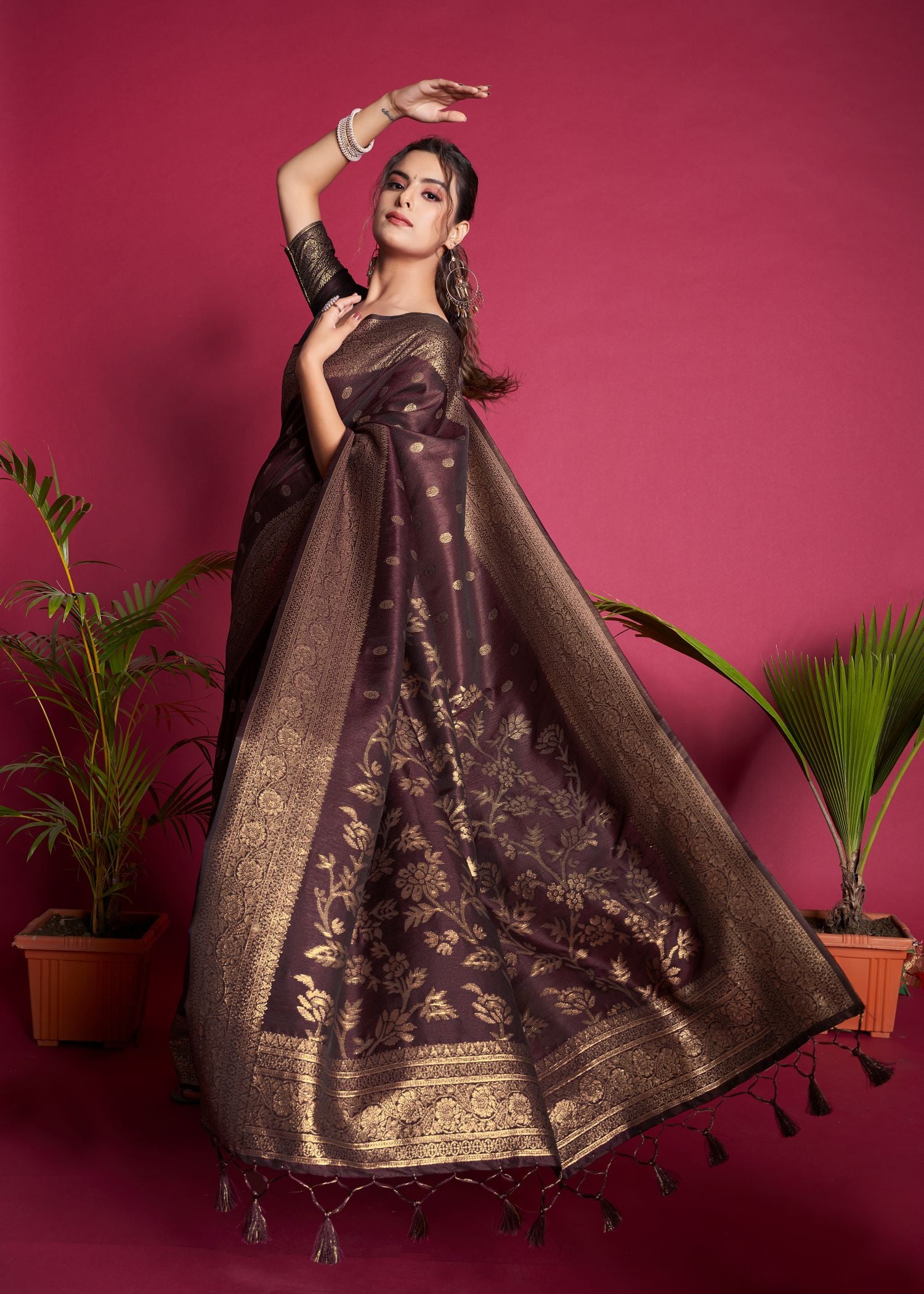 Vsaree Wine Raw Silk Saree With All Over Zari Weaving Pattern And Zari Border And Blouse