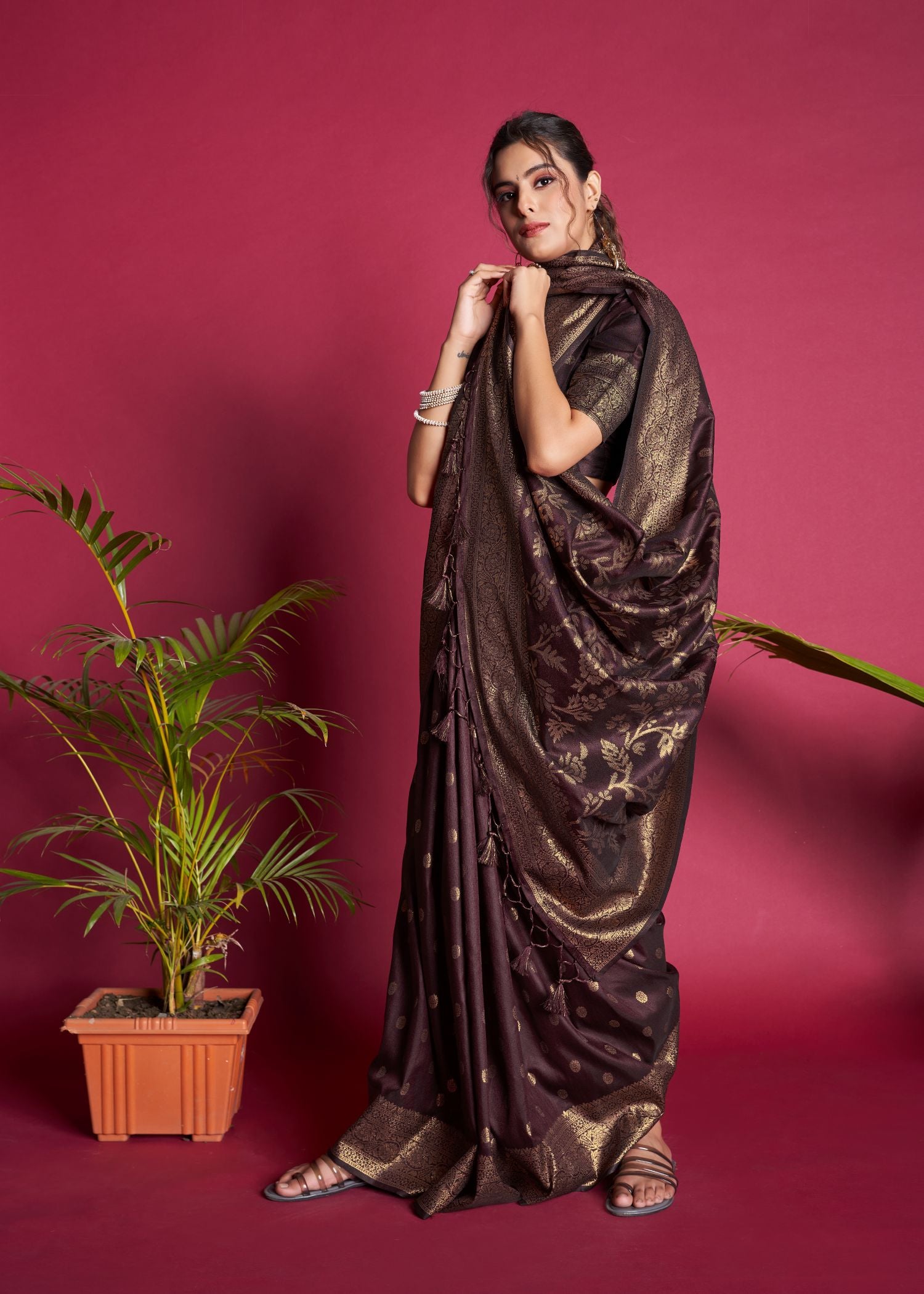 Vsaree Wine Raw Silk Saree With All Over Zari Weaving Pattern And Zari Border And Blouse