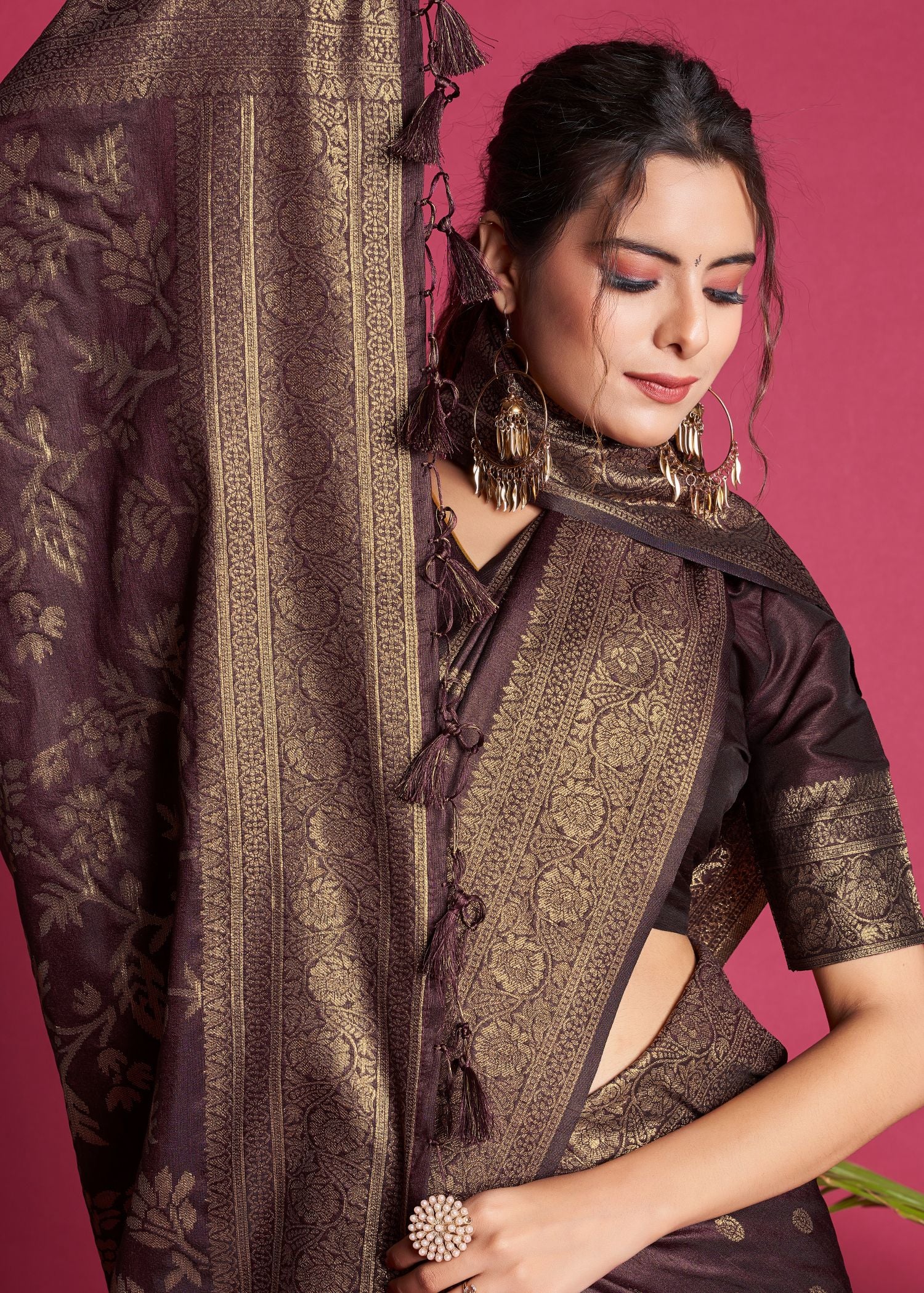 Vsaree Wine Raw Silk Saree With All Over Zari Weaving Pattern And Zari Border And Blouse