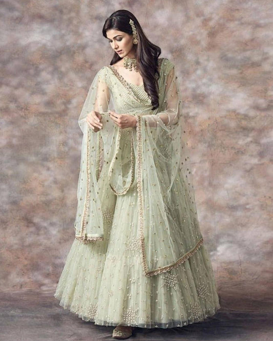 WOMEN'S LIGHT-GREEN DESIGNER EMBROIDERD AND SEQUINS WORK PARTY WEAR LEHENGA CHOLI