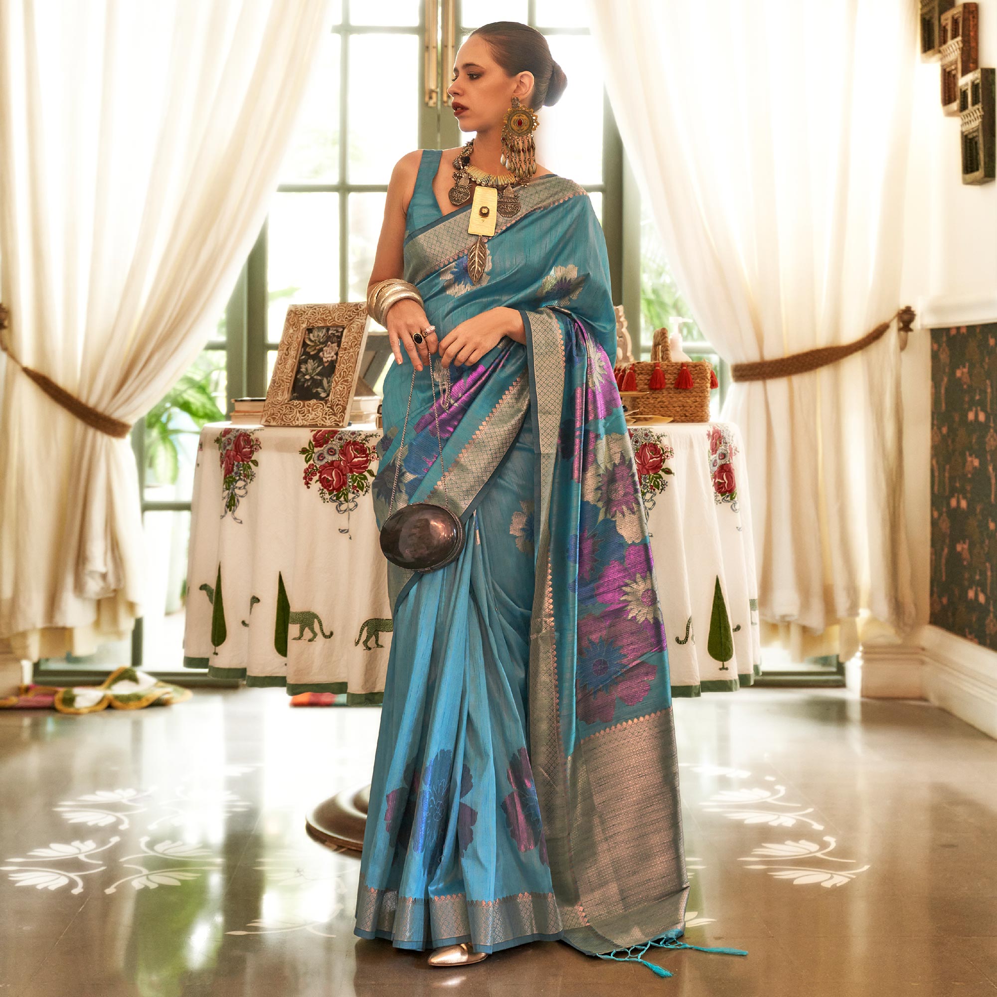 Vsaree Teal Banarasi Silk Golden Border With Banarasi Design Saree And Blouse