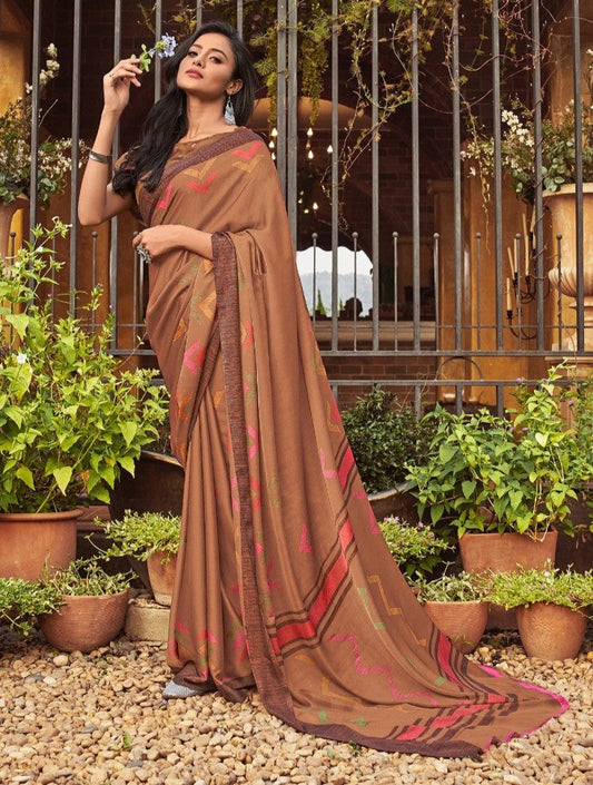 Vsaree Brown Cotton saree And Printed Border & Printed Pallu With Blouse Piece