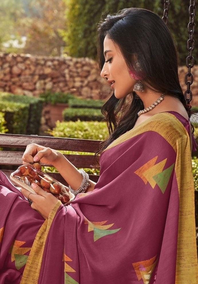 Vsaree Maroon Cotton saree And Printed Border & Printed Pallu With Blouse Piece