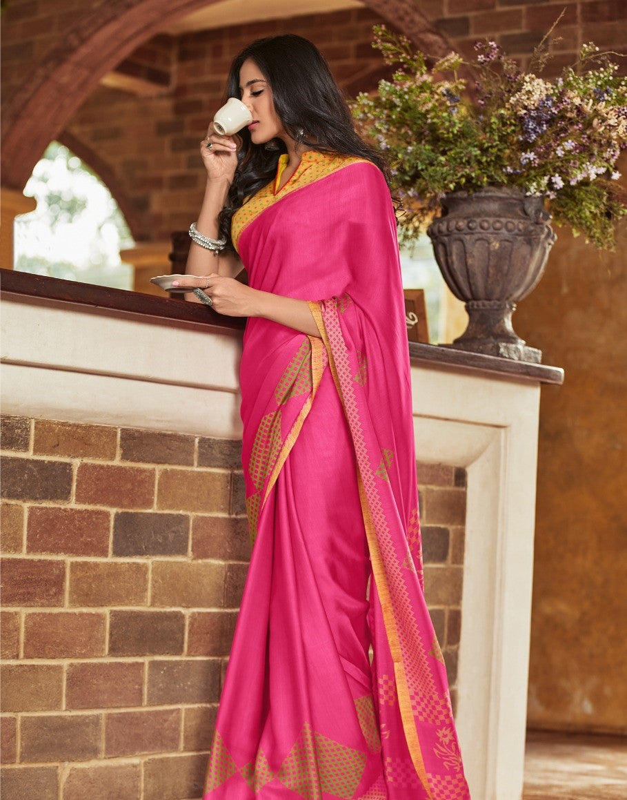 Vsaree Pink Cotton saree And Printed Border & Printed Pallu With Blouse Piece