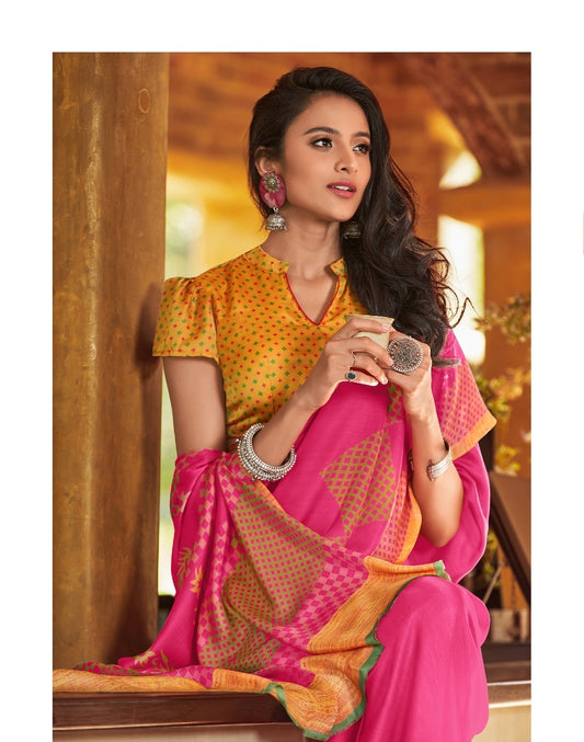 Vsaree Pink Cotton saree And Printed Border & Printed Pallu With Blouse Piece