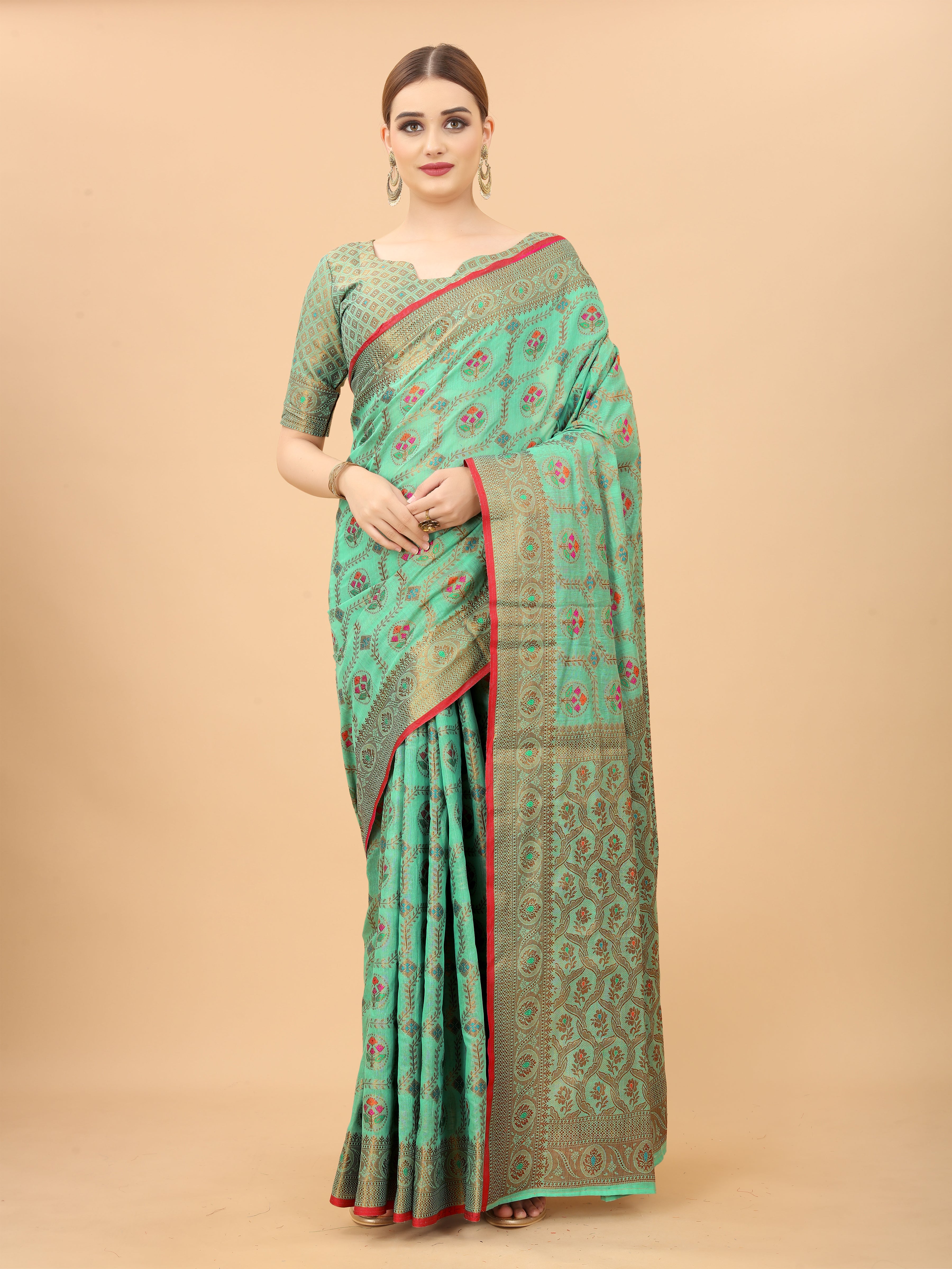 Vsaree Banarasi Cotton Blend Saree With Flower Design Border And Blouse