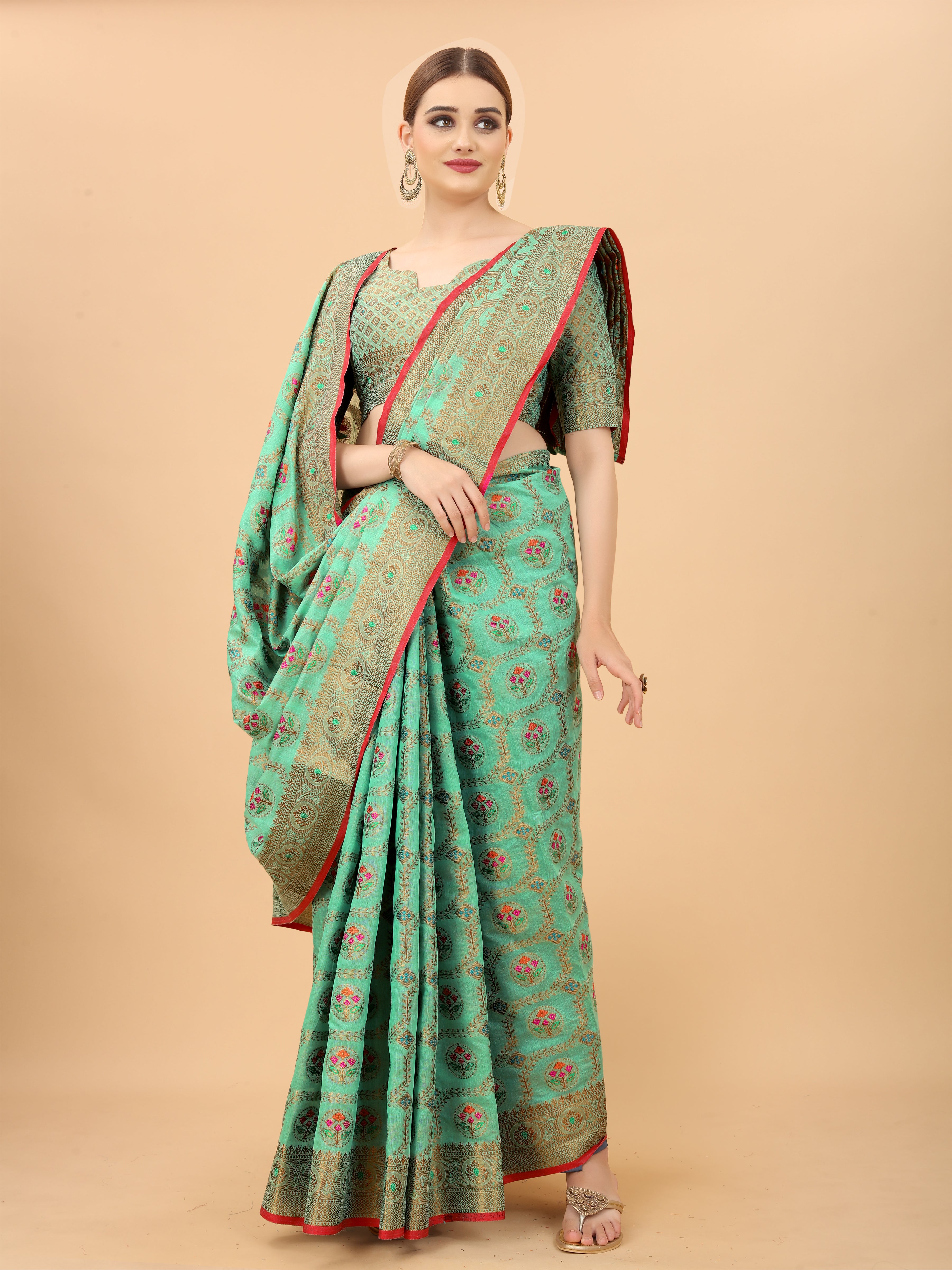 Vsaree Firozi Linen Cotton Saree Zari Weaving Border And Fancy Pallu With Blouse