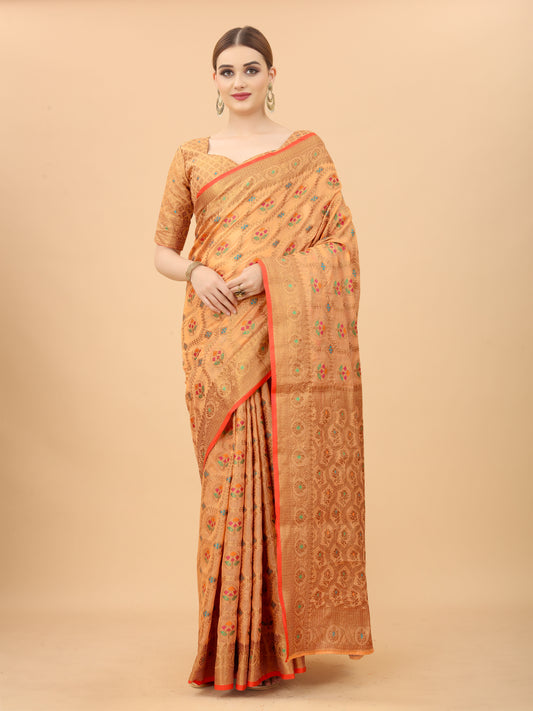 Vsaree Peach Linen Cotton Saree Zari Weaving Border And Fancy Pallu With Blouse