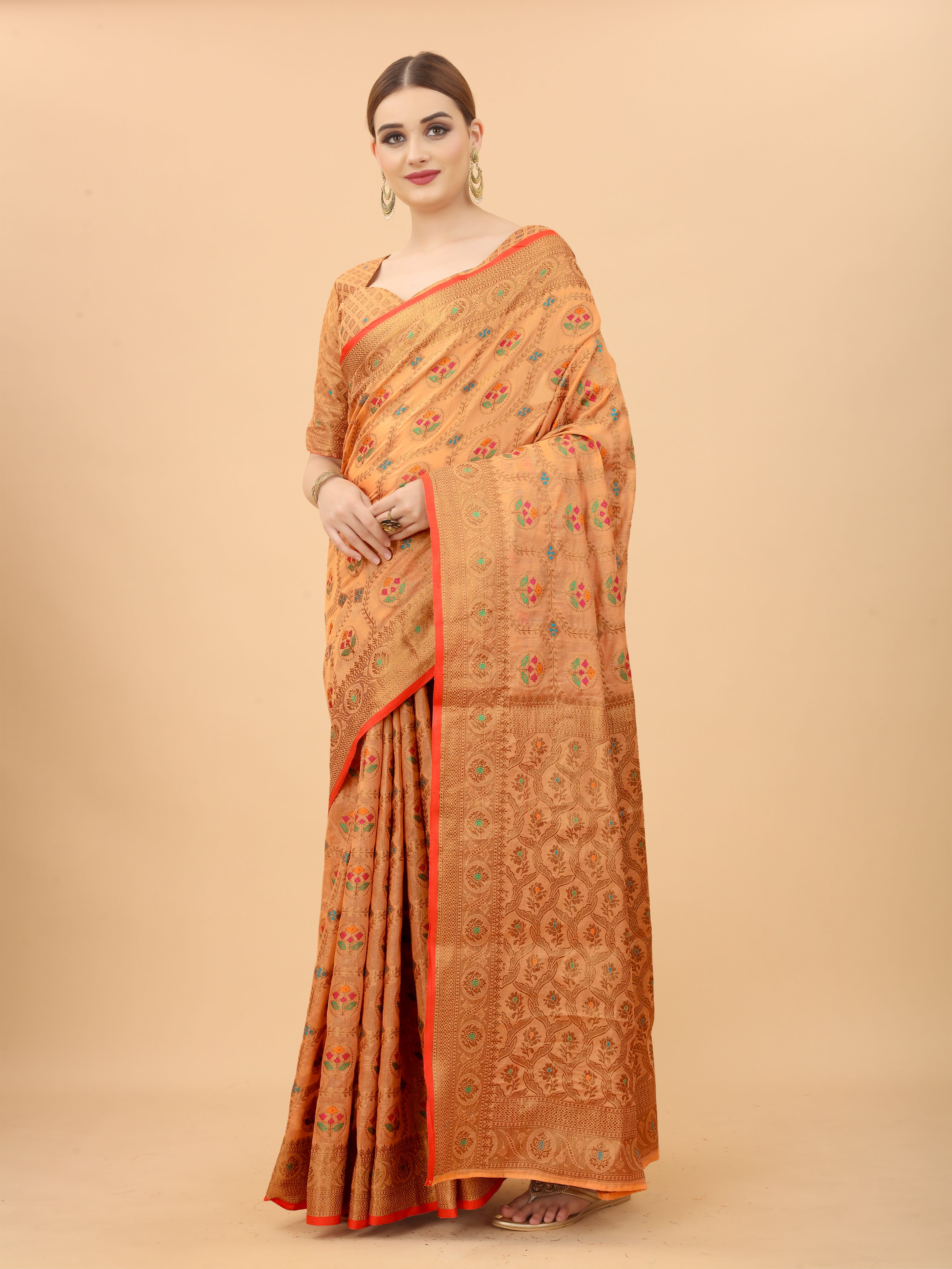 Vsaree Peach Linen Cotton Saree Zari Weaving Border And Fancy Pallu With Blouse