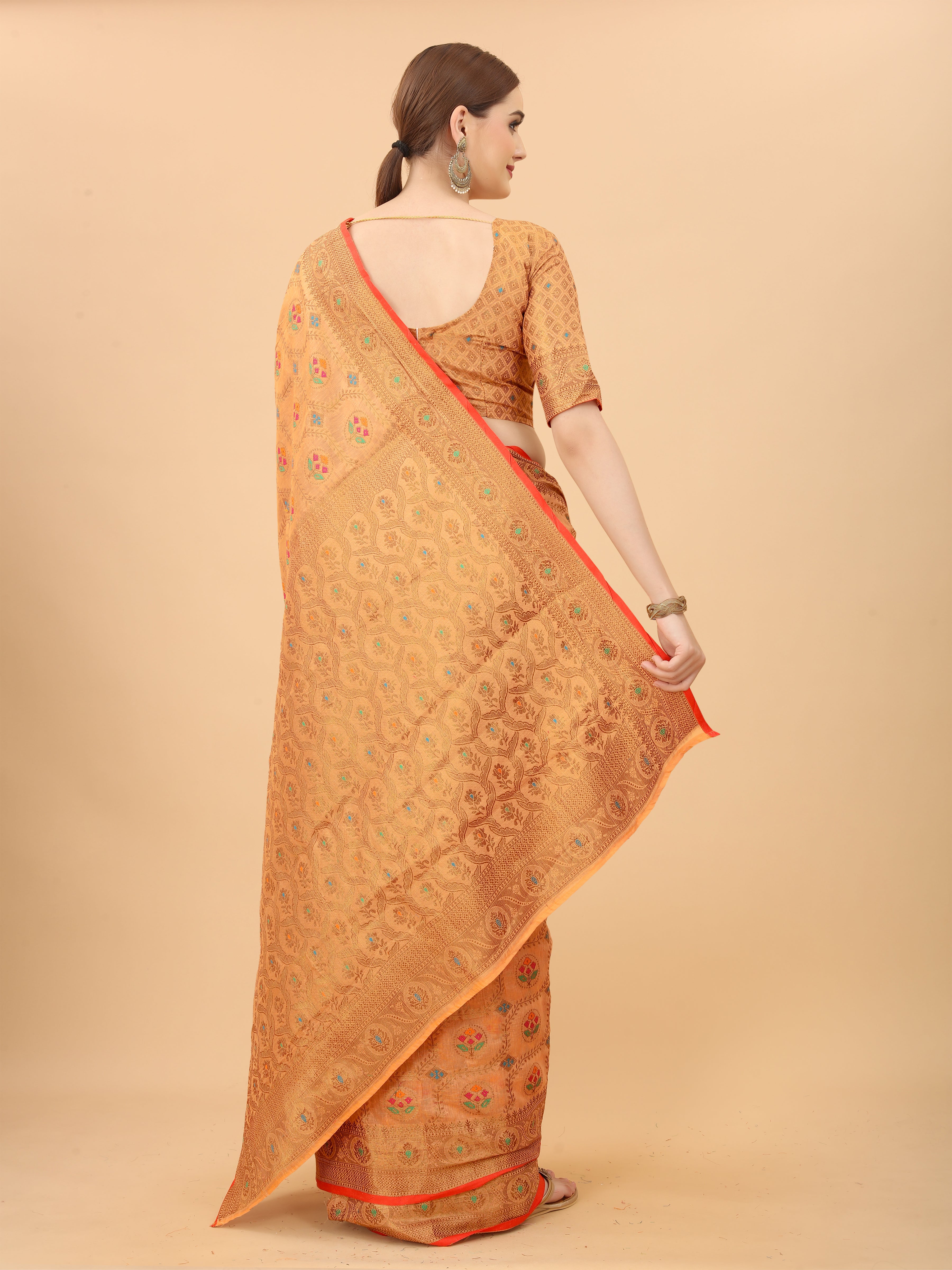 Vsaree Banarasi Cotton Blend Saree With Flower Design Border And Blouse