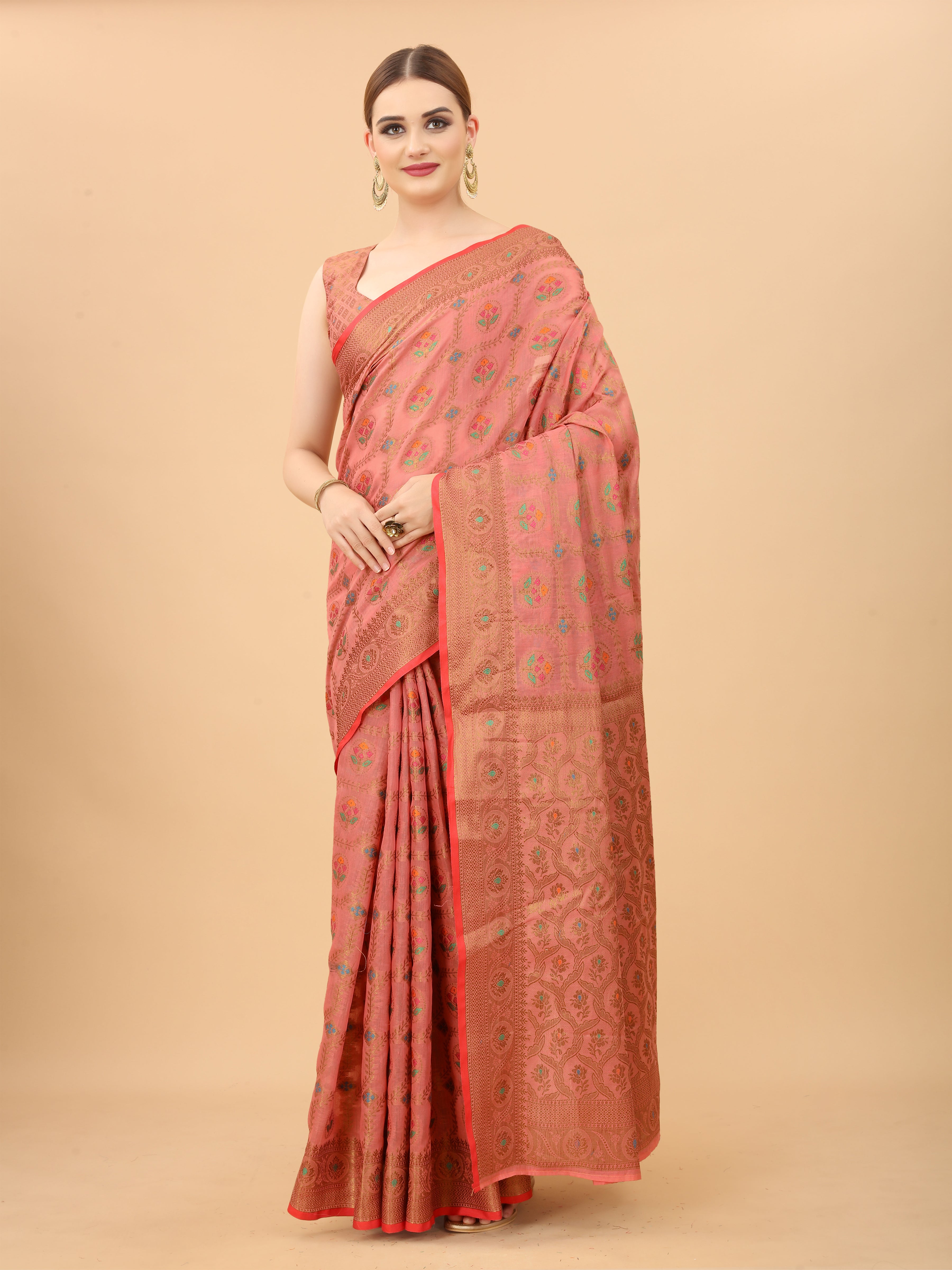 Vsaree Banarasi Cotton Blend Saree With Flower Design Border And Blouse