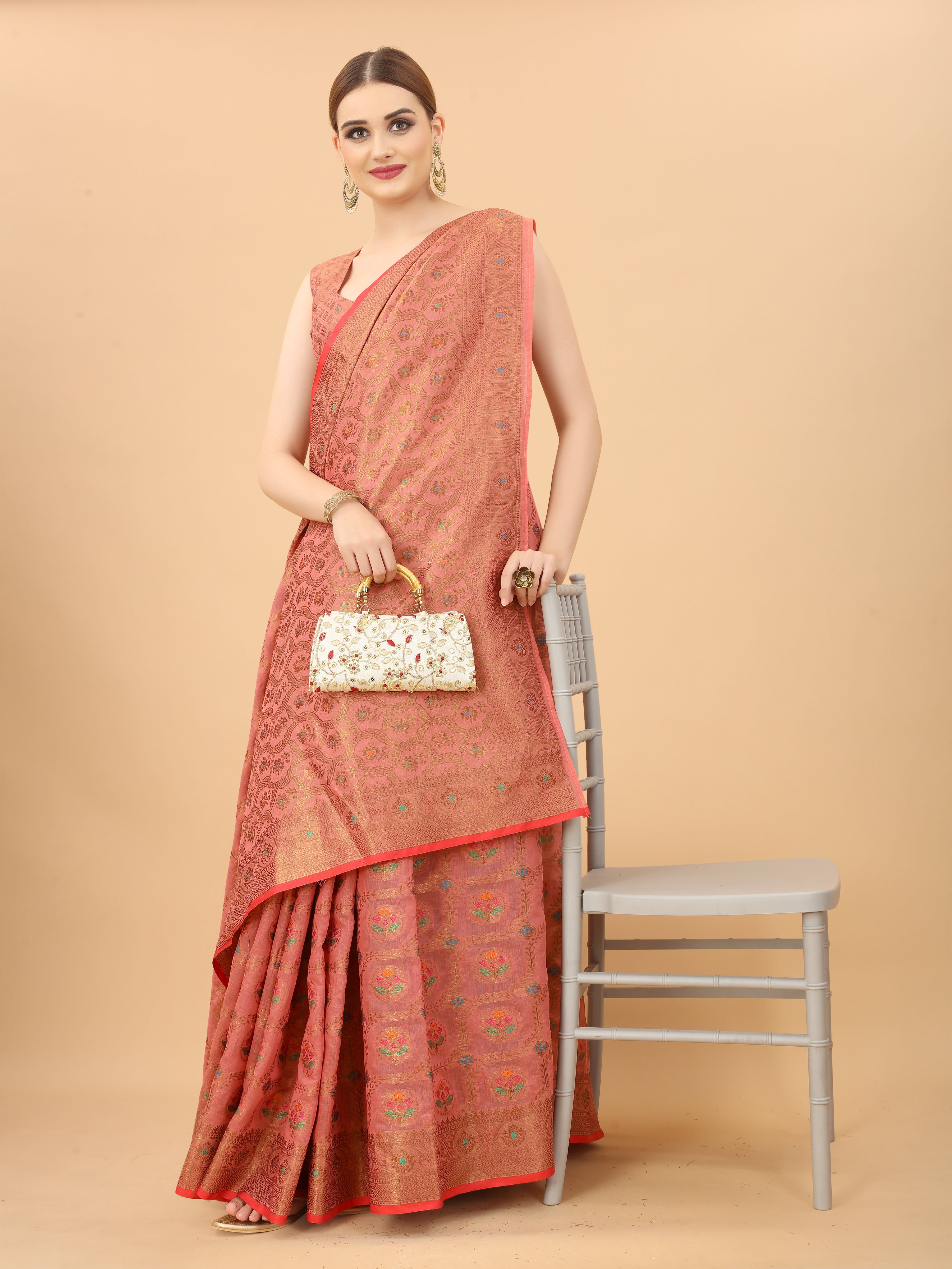 Vsaree Banarasi Cotton Blend Saree With Flower Design Border And Blouse