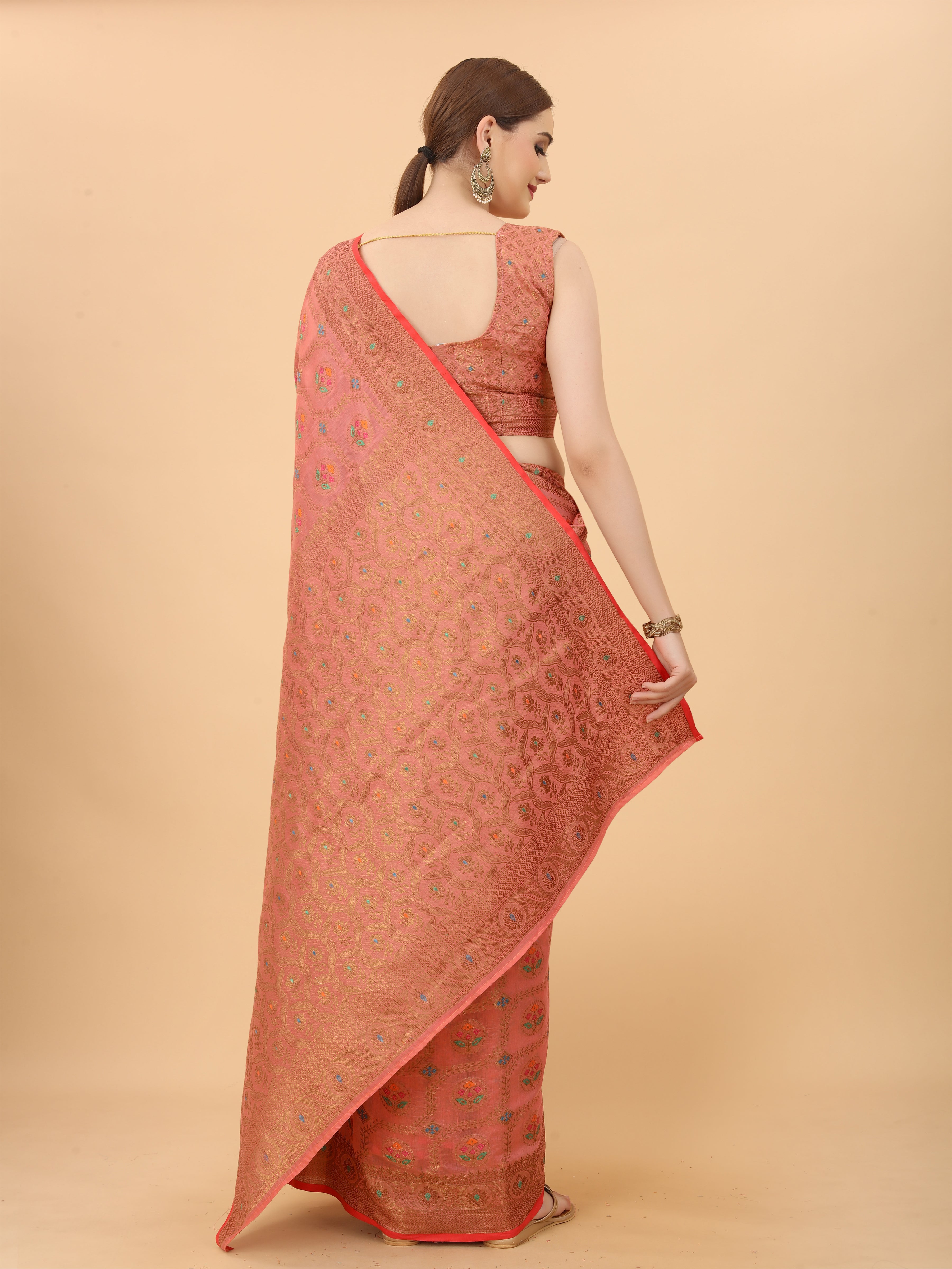 Vsaree Pink Linen Cotton Saree Zari Weaving Border And Fancy Pallu With Blouse