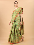 Vsaree Pista Linen Cotton Saree Zari Weaving Border And Fancy Pallu With Blouse