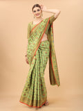 Vsaree Pista Linen Cotton Saree Zari Weaving Border And Fancy Pallu With Blouse