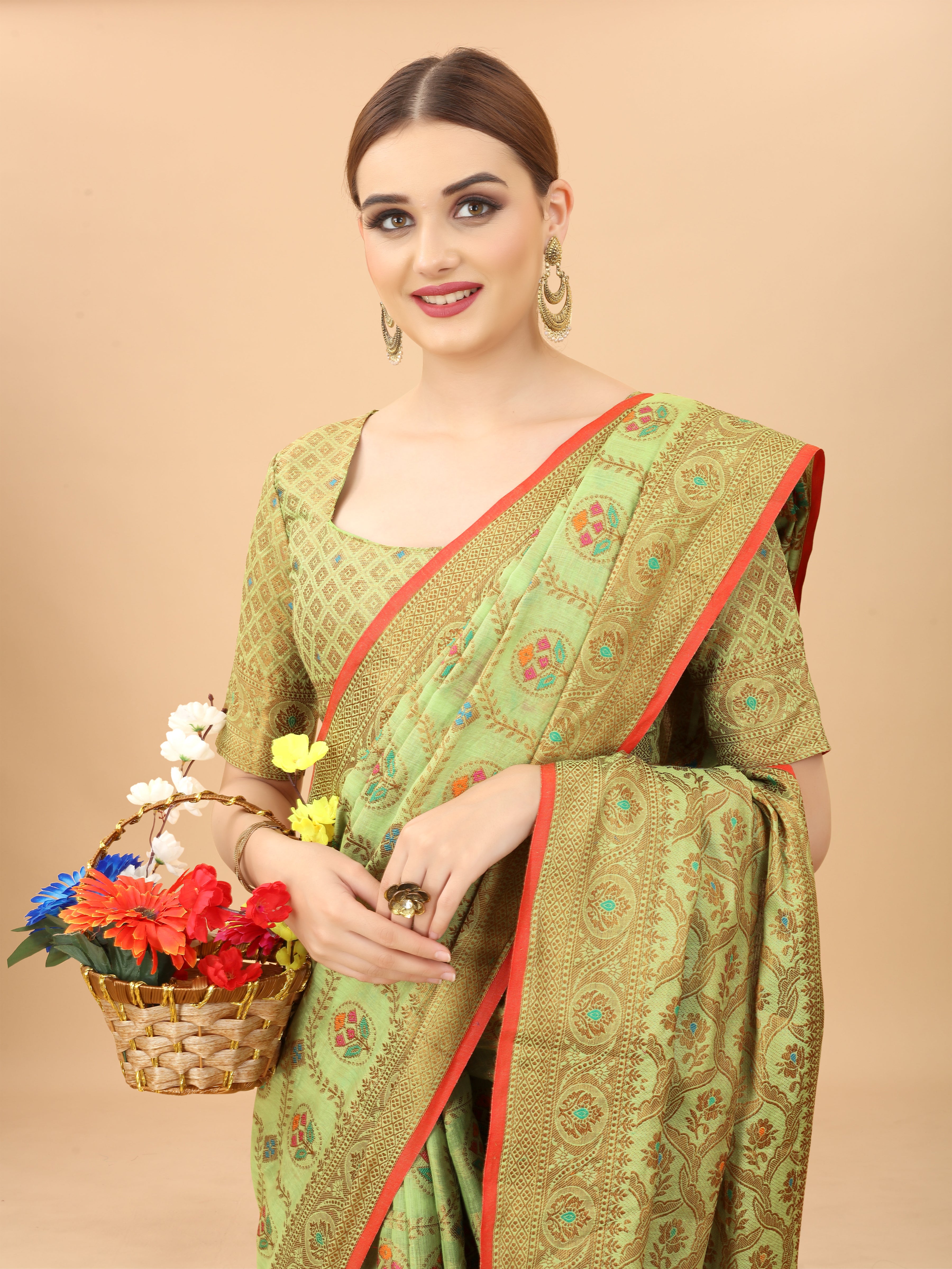 Vsaree Banarasi Cotton Blend Saree With Flower Design Border And Blouse