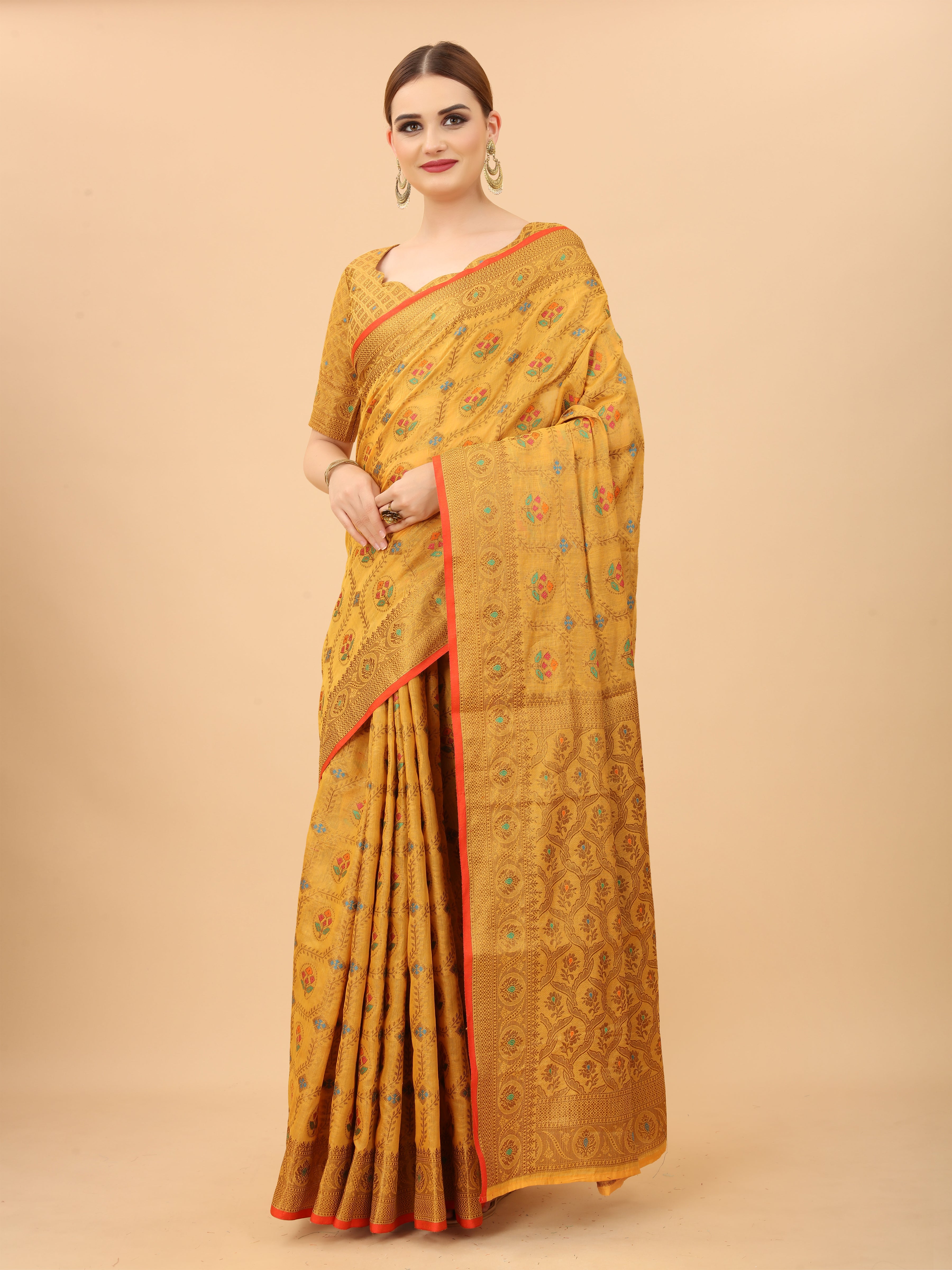 Vsaree Banarasi Cotton Blend Saree With Flower Design Border And Blouse