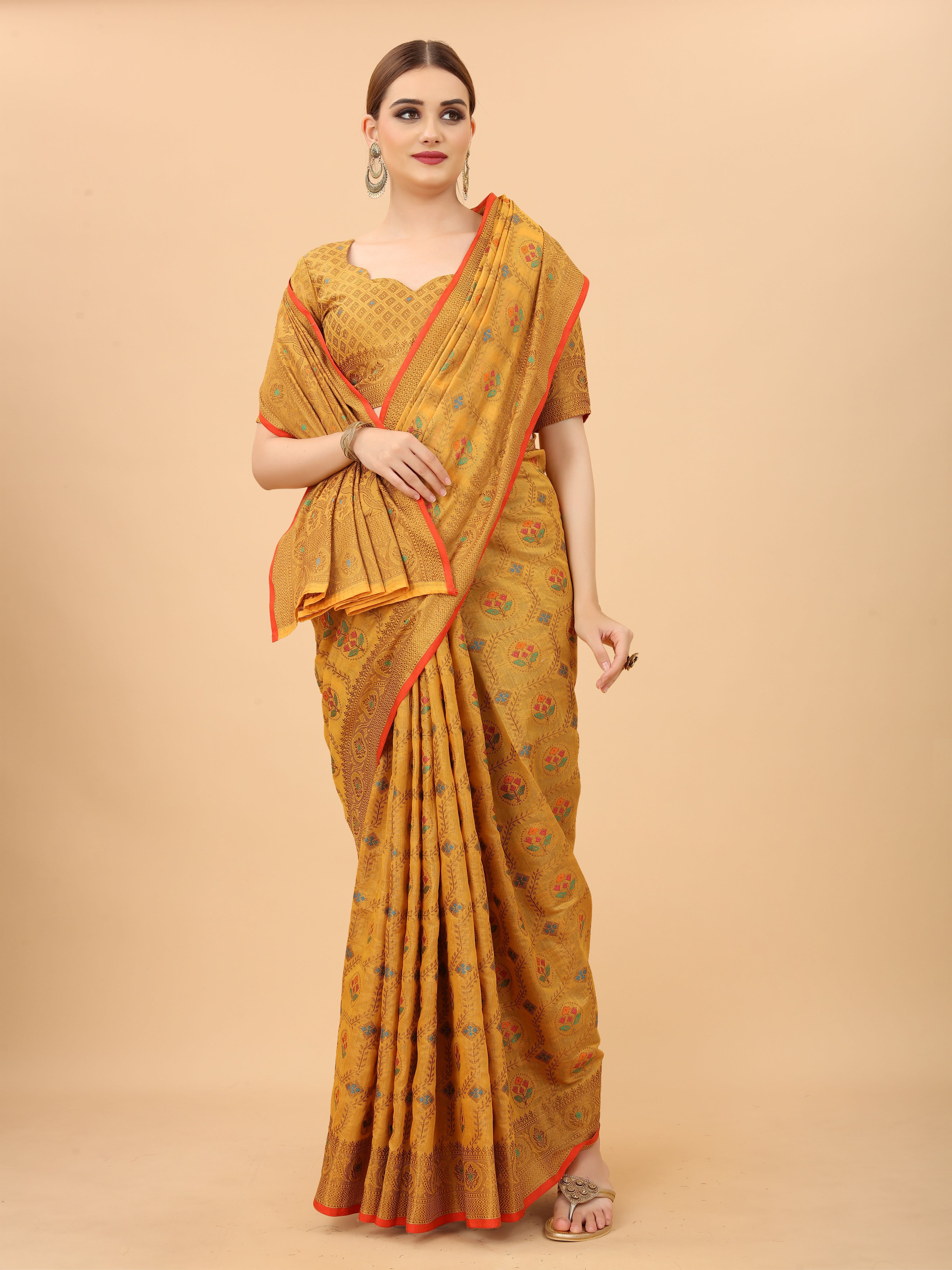 Vsaree Yellow Linen Cotton Saree Zari Weaving Border And Fancy Pallu With Blouse