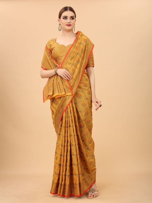 Vsaree Yellow Linen Cotton Saree Zari Weaving Border And Fancy Pallu With Blouse