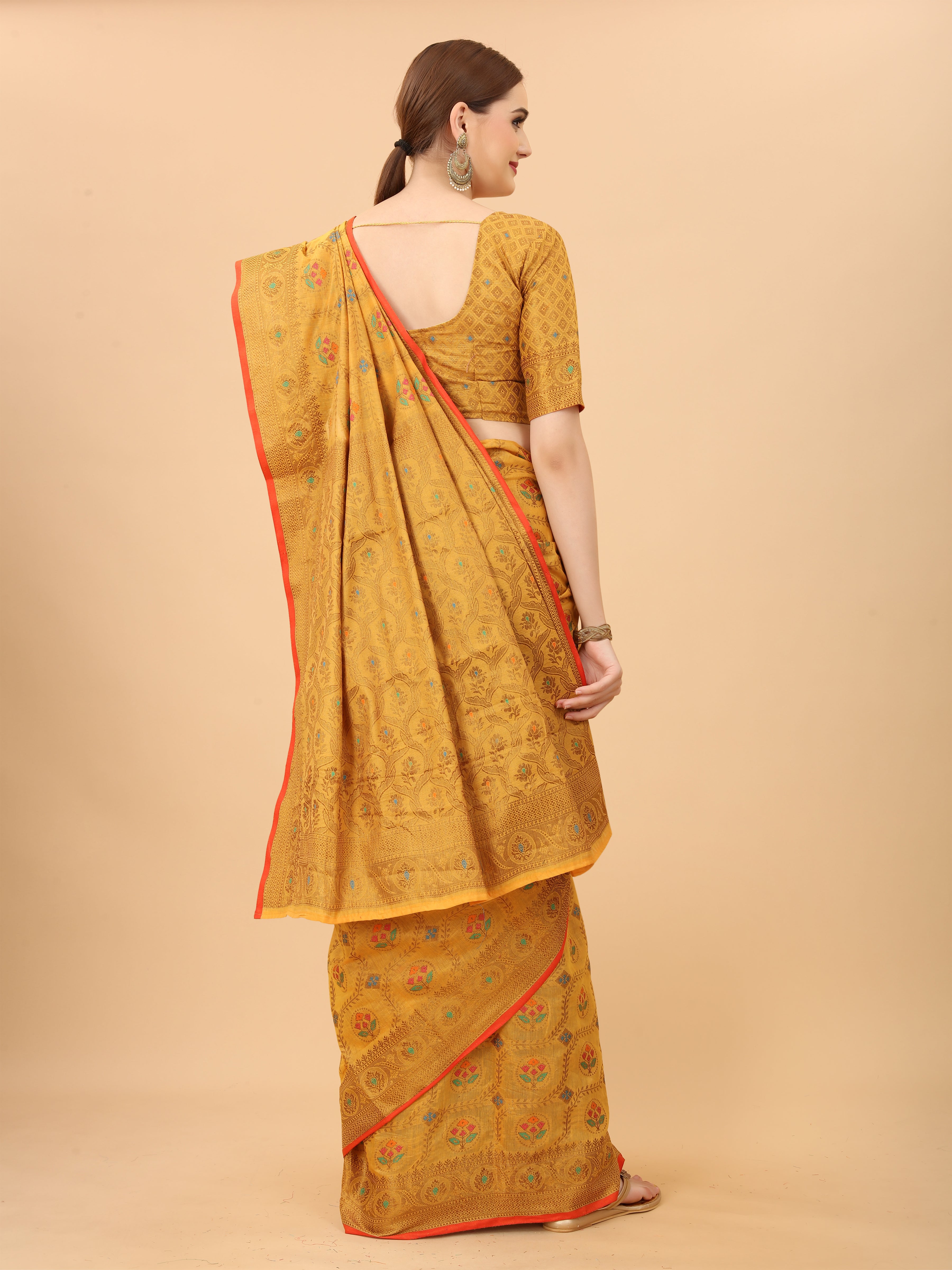 Vsaree Banarasi Cotton Blend Saree With Flower Design Border And Blouse