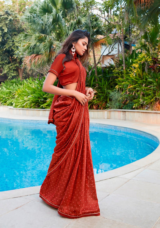 Vsaree Red Cotton saree And Less Border & Printed Pallu With Blouse Piece