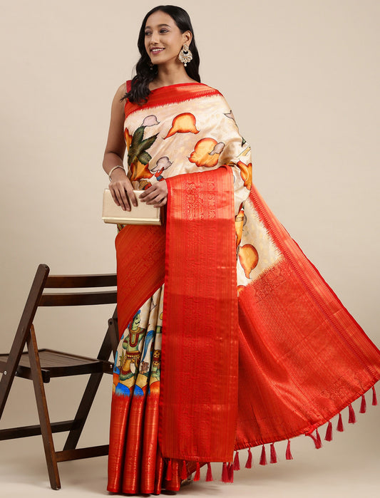 Vsaree Cream Kanjivaram Silk And Zari weaving Saree With Designer Border And Blouse