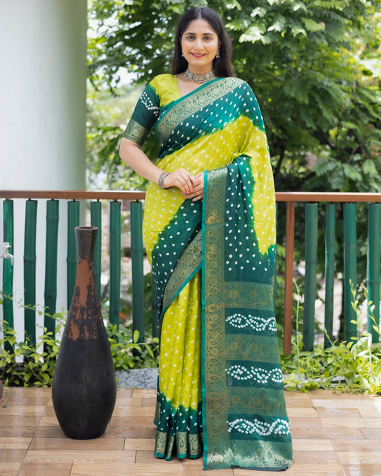 Designer Bandhani Soft Silk Saree And Pure Golden Zari Border With Heavy Rich Pallu