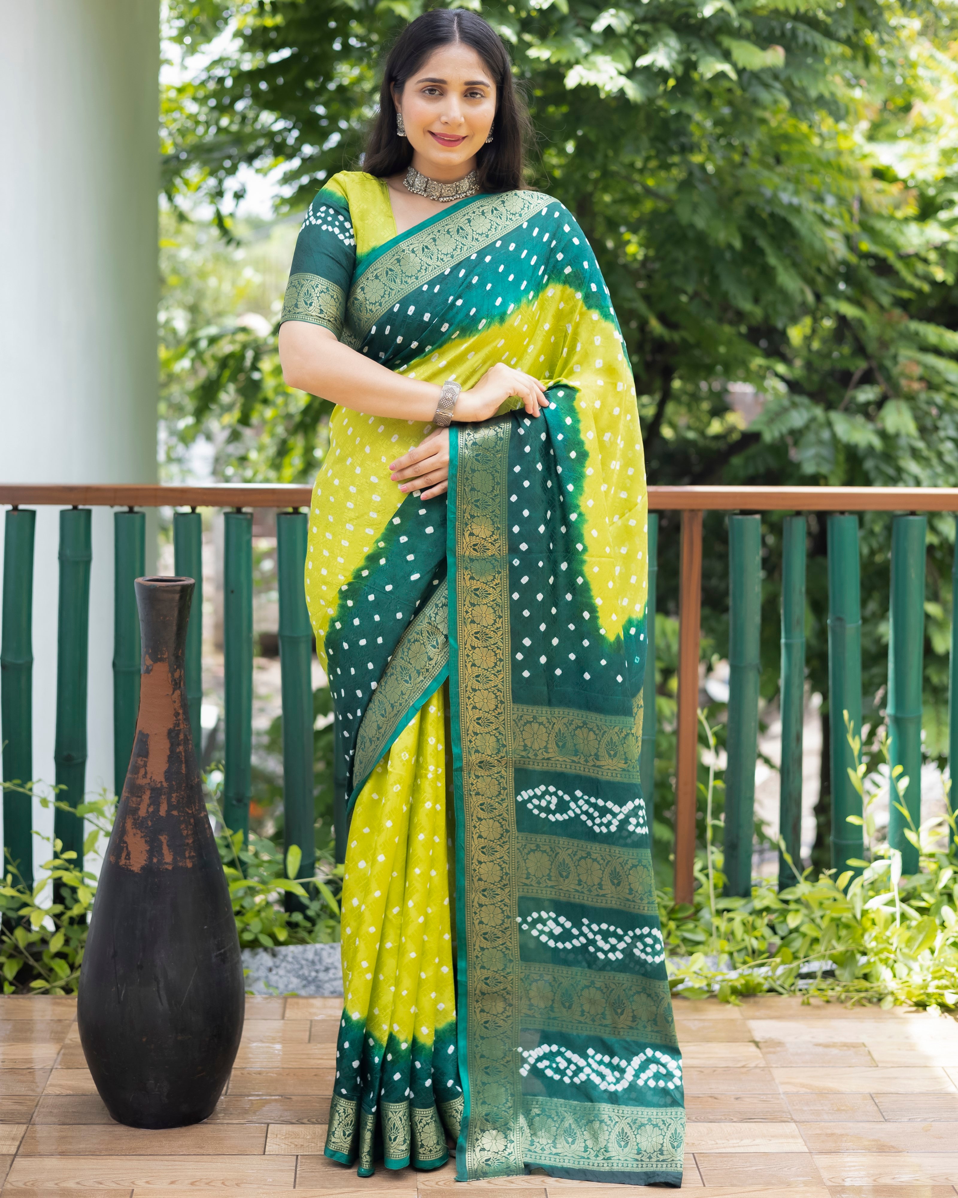 Designer Bandhani Soft Silk Saree And Pure Golden Zari Border With Heavy Rich Pallu