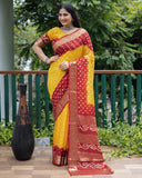 Designer Bandhani Soft Silk Saree And Pure Golden Zari Border With Heavy Rich Pallu