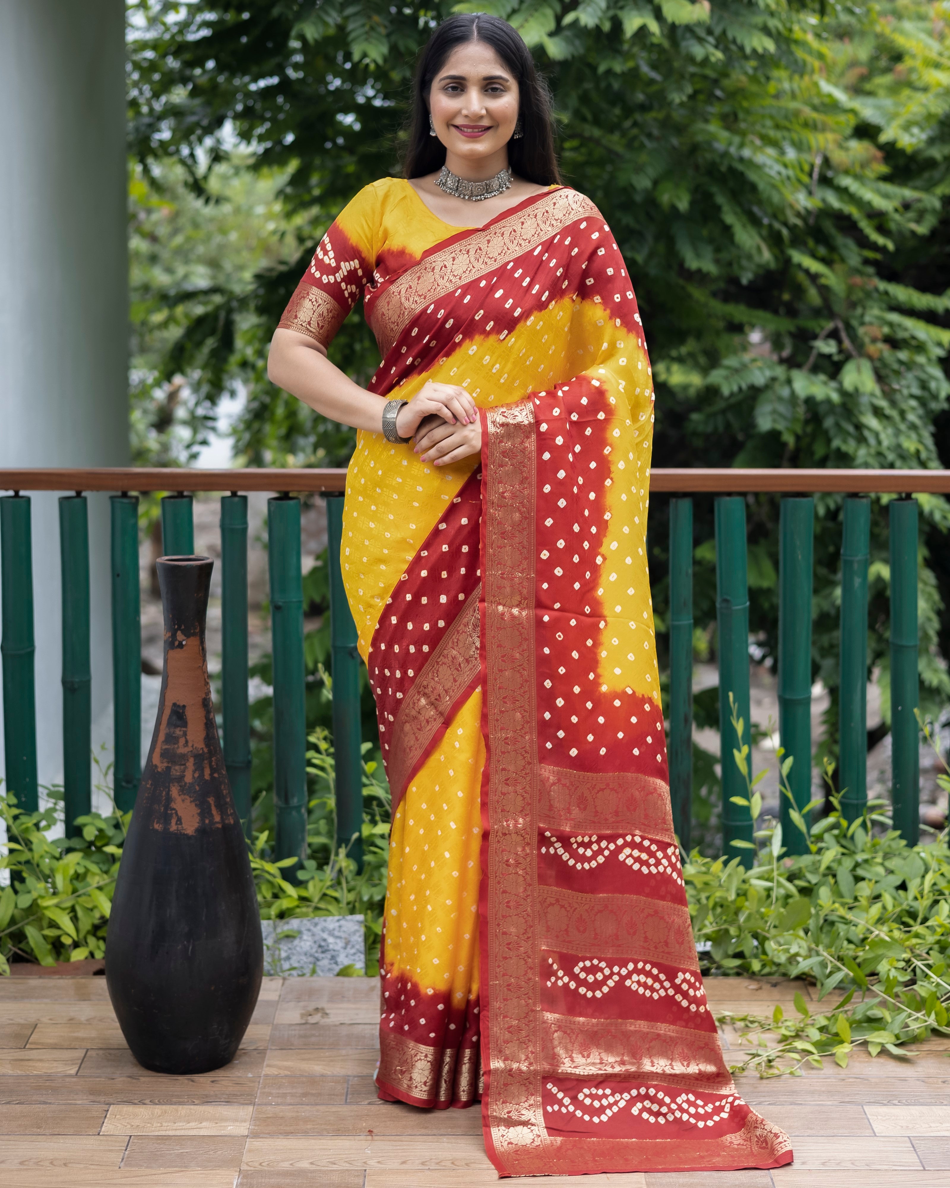 Designer Bandhani Soft Silk Saree And Pure Golden Zari Border With Heavy Rich Pallu