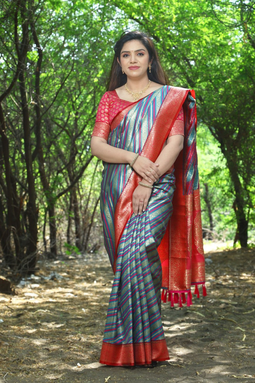 Designer Banarasi Leheriya Design Soft Silk Saree With Pure Golden Zari Border