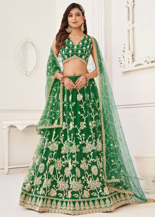 WOMEN'S GREEN BUTTERFLY NET WITH SEQUINS AND EMBROIDERY WORK LEHENGA CHOLI FOR WEDDING