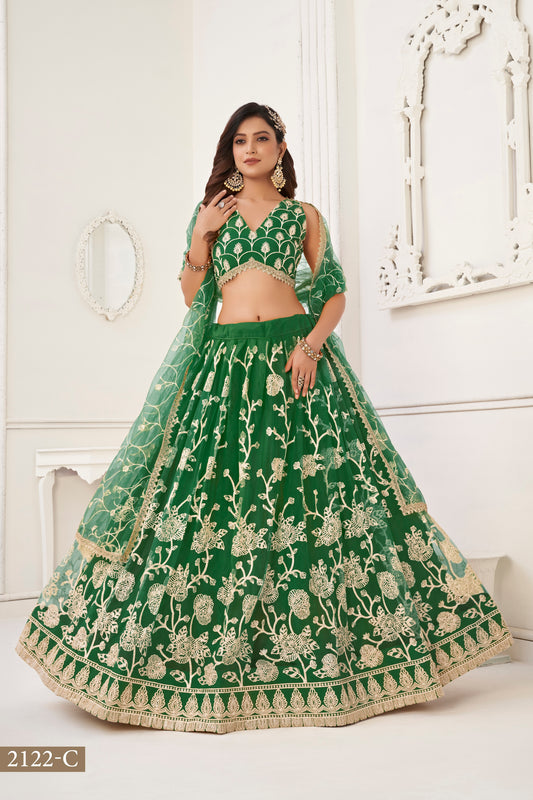 WOMEN'S GREEN BUTTERFLY NET WITH SEQUINS AND EMBROIDERY WORK LEHENGA CHOLI FOR WEDDING