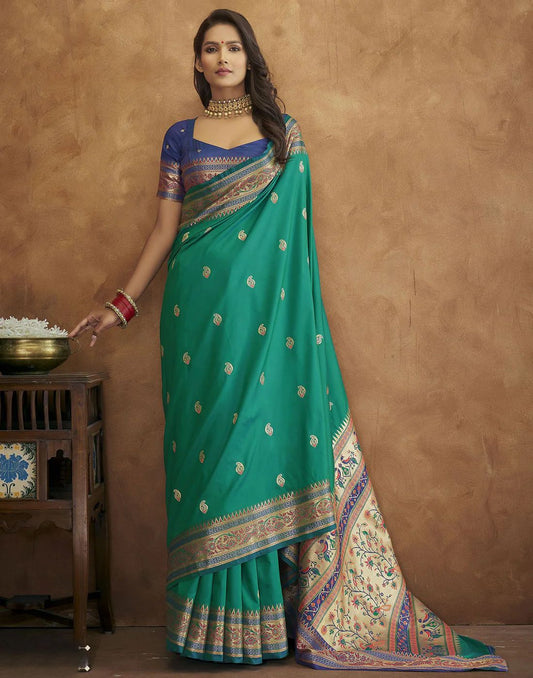 Vsaree Sea Green Soft Paithani Silk Saree with Heavy Rich Pallu And Blouse