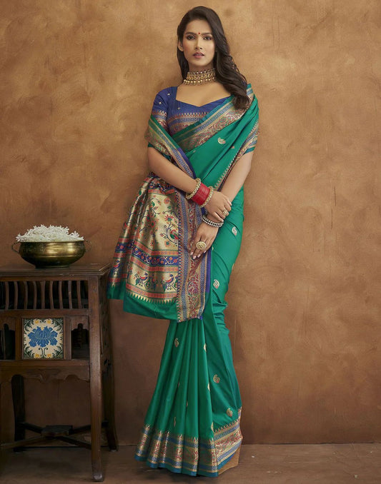 Vsaree Sea Green Soft Paithani Silk Saree with Heavy Rich Pallu And Blouse