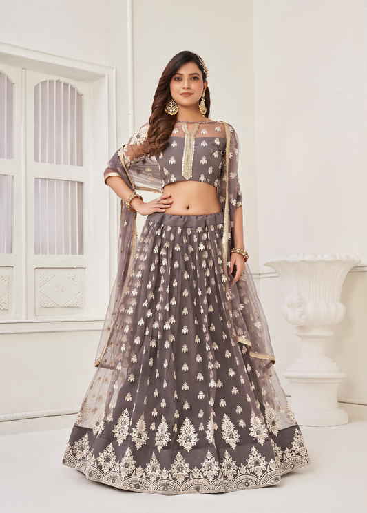 WOMEN'S GREY BUTTERFLY NET WITH SEQUINS AND EMBROIDERY WORK LEHENGA CHOLI FOR PARTY WEAR