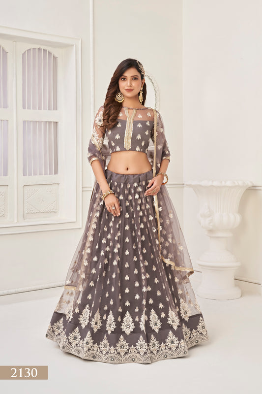 WOMEN'S GREY BUTTERFLY NET WITH SEQUINS AND EMBROIDERY WORK LEHENGA CHOLI FOR PARTY WEAR