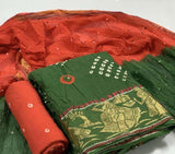 Zooara Green and Red Color Cotton Function And Wedding Dress Matrials With Bottom And Dupatta