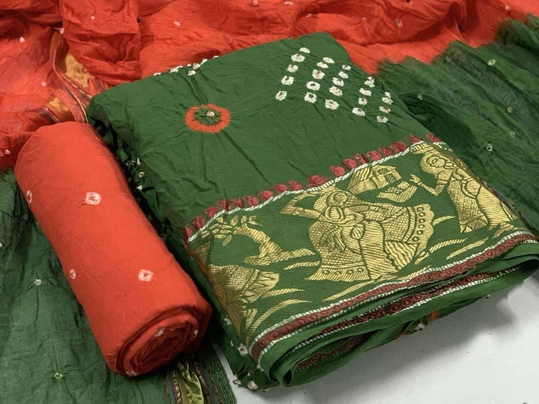 Zooara Green and Red Color Cotton Function And Wedding Dress Matrials With Bottom And Dupatta