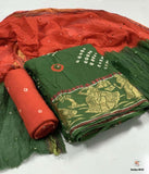 Zooara Green and Red Color Cotton Function And Wedding Dress Matrials With Bottom And Dupatta