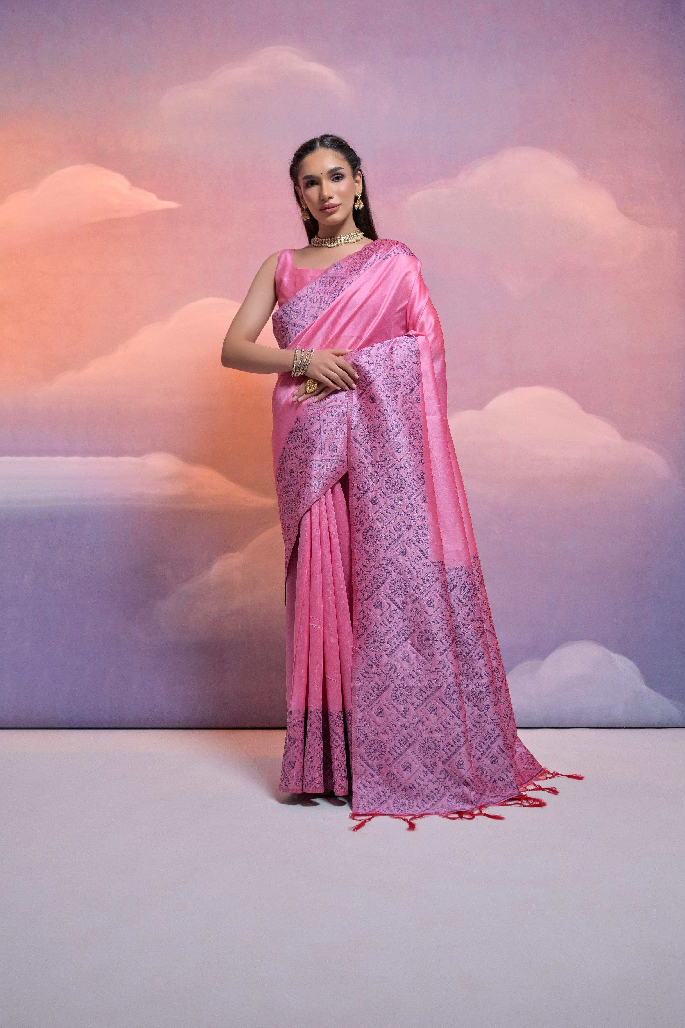 Vsaree Baby Pink Soft Raw Silk  Saree With Antique Design with Contrast Woven Pallu And Contrast Blouse